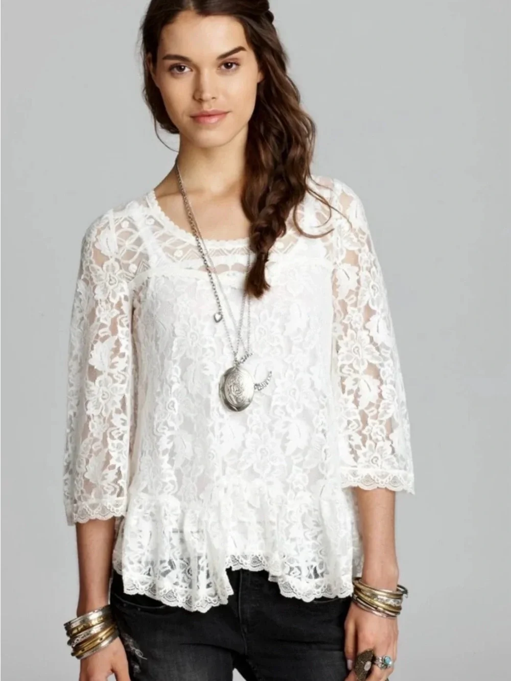 Free People Lace Top XS Sheer Ivory